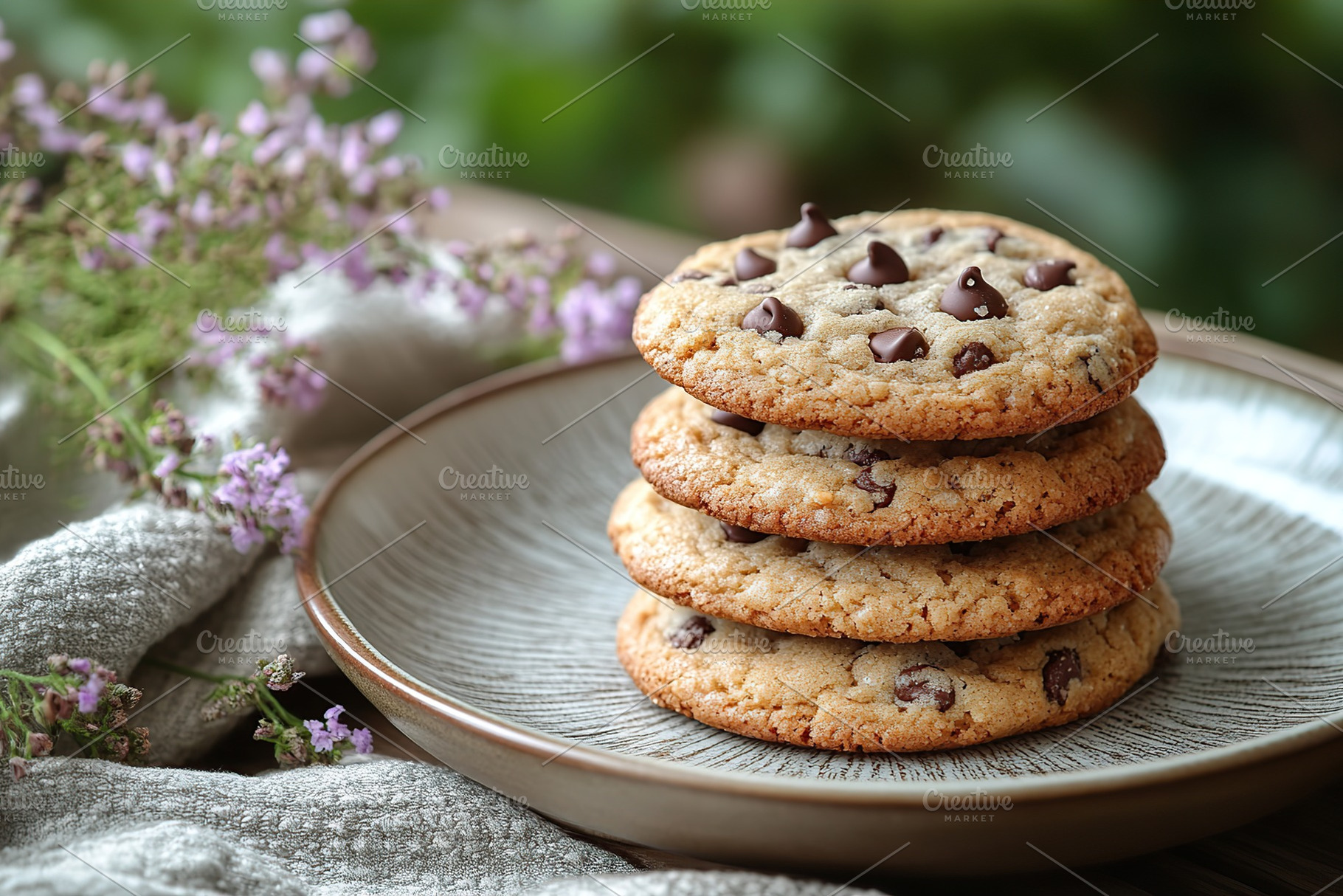 Deliciously baked brown chocolate chip cookies on a ceramic plate with fresh he, a Food & Drink Photo by AlyaAnd