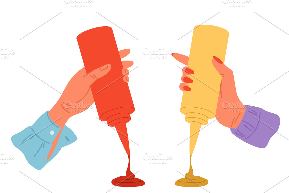 Womans hand holds plastic sauce, a Food Illustration by Vectorbuum