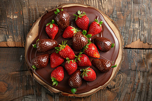 Red strawberries with chocolate on wooden table, a Food & Drink Photo by AlyaAnd