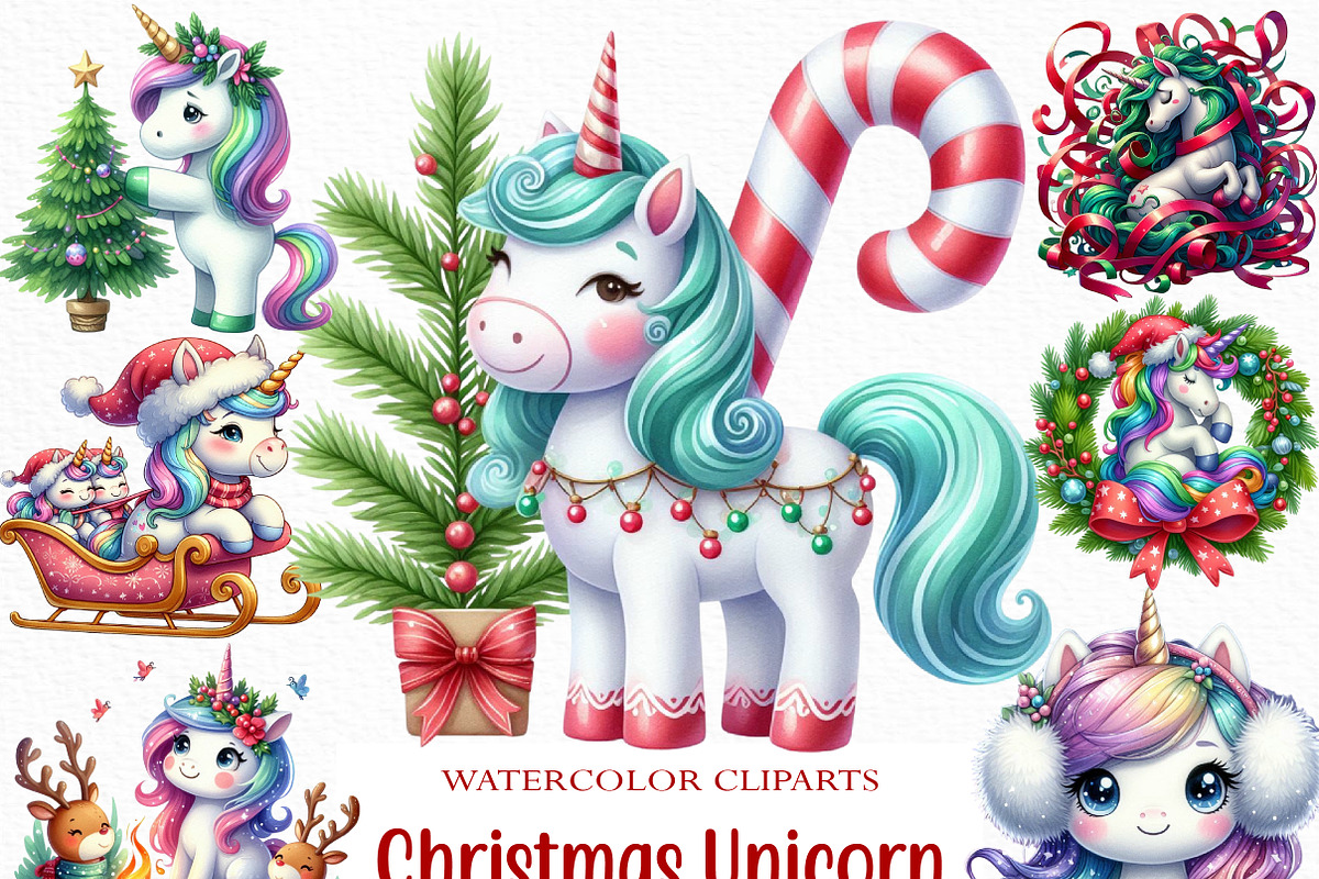 Christmas Unicorn Clipart, an Illustration by Craft Nest (Photo 1 of 6)