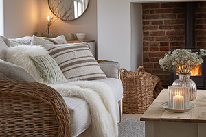 Cozy living room interior with warm fireplace, sofa, cushions, and country rust, an Architecture Photo by Studio ANNA