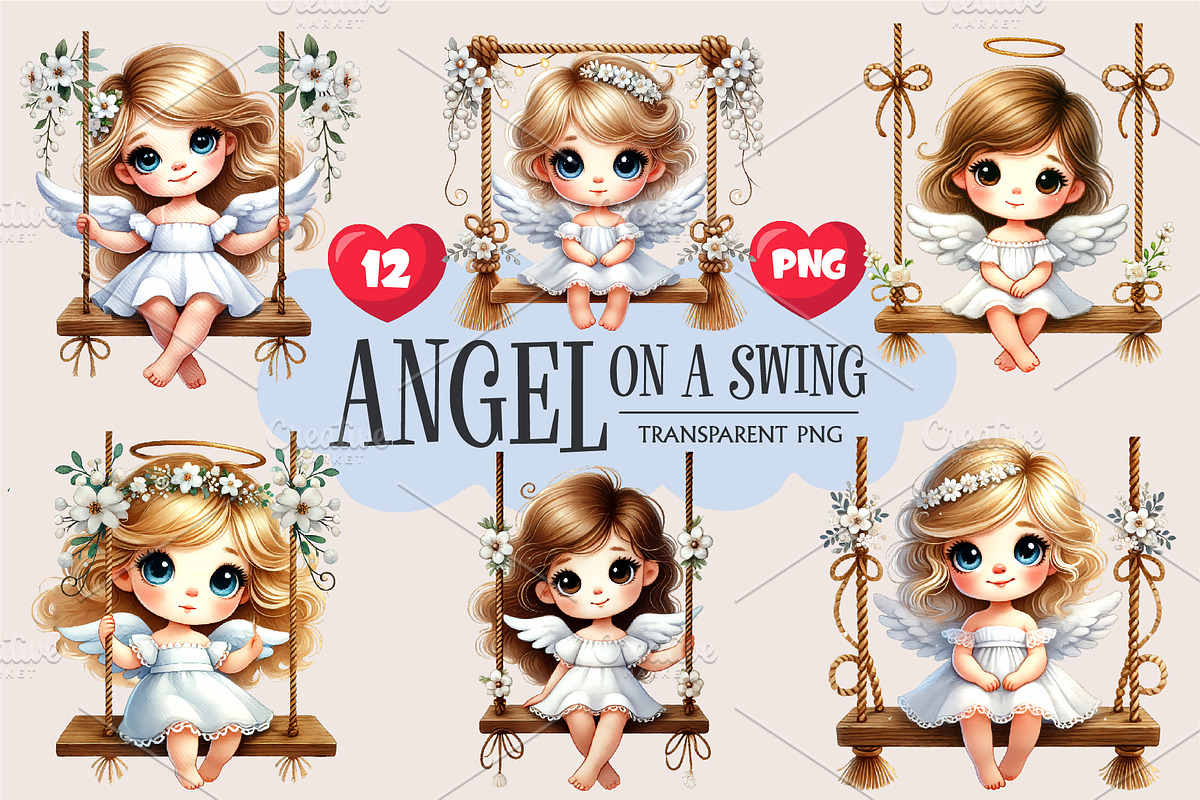 Cute Angel on Swing. Clipart, PNG., an Animal Illustration by KENO Mascots (Photo 1 of 8)