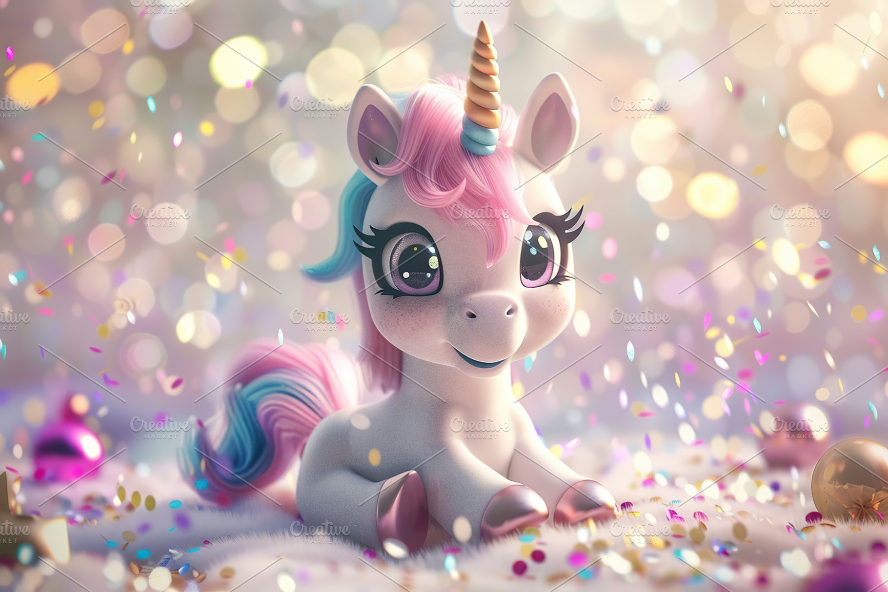 Illustration of cute baby unicorn on blurred confetti background, a Photo by AlyaAnd