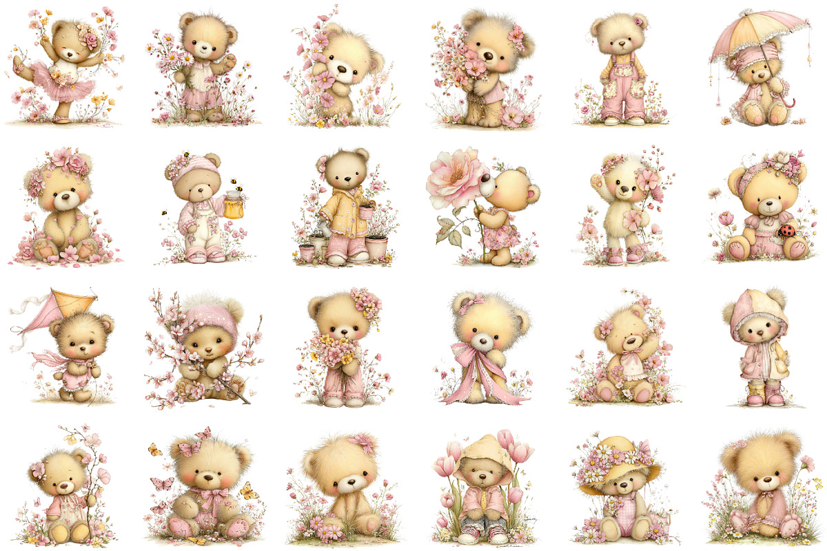 Whimsical Spring Teddy Bear Clipart, an Illustration by designcity5 (Photo 2 of 5)