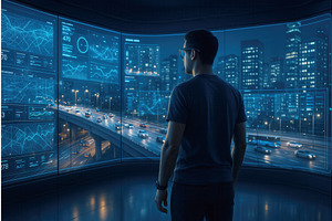 A man wearing glasses stands in a, a Technology Illustration by Sergey Kotenev