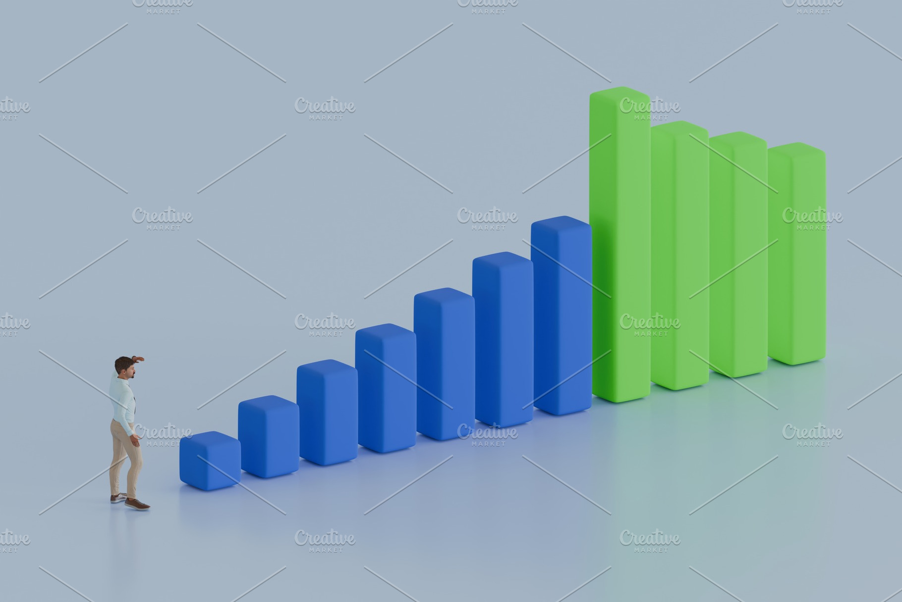 Man observing rising blue bars and tall green columns, a Business Photo by RF Images