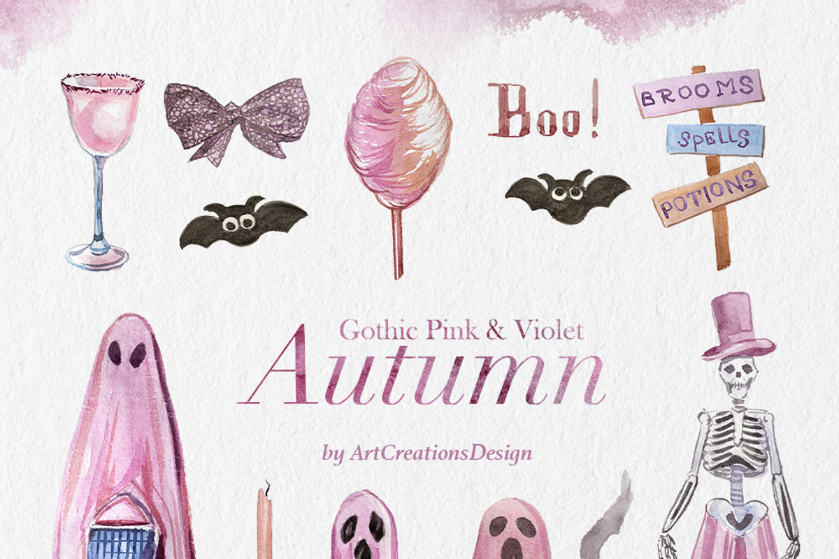 Gothic Pink&Violet Autumn Clipart, a Seasonal Illustration by ArtCreationsDesign (Photo 9 of 13)
