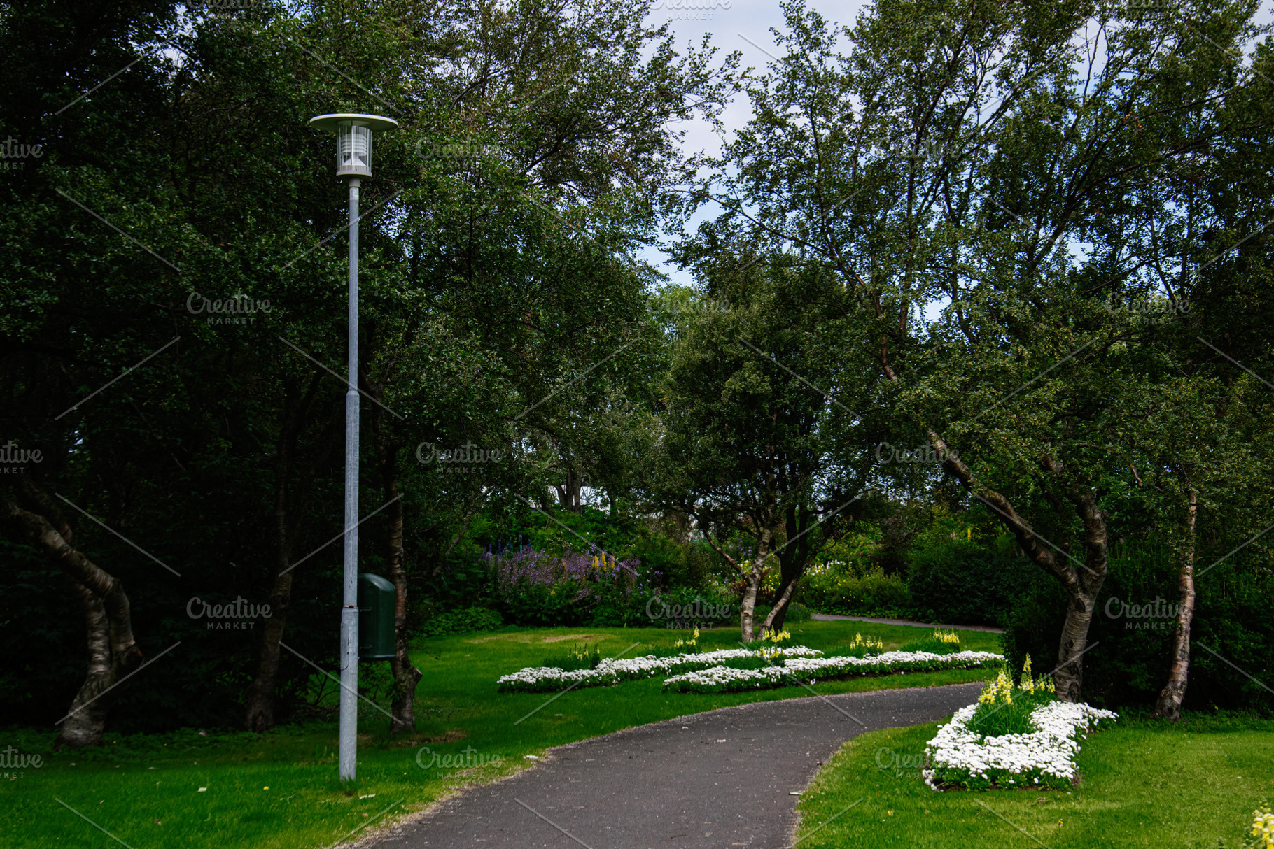 Beautiful park path with flowers and trees in Reykjavik, Iceland, a Photo by AS photostudio