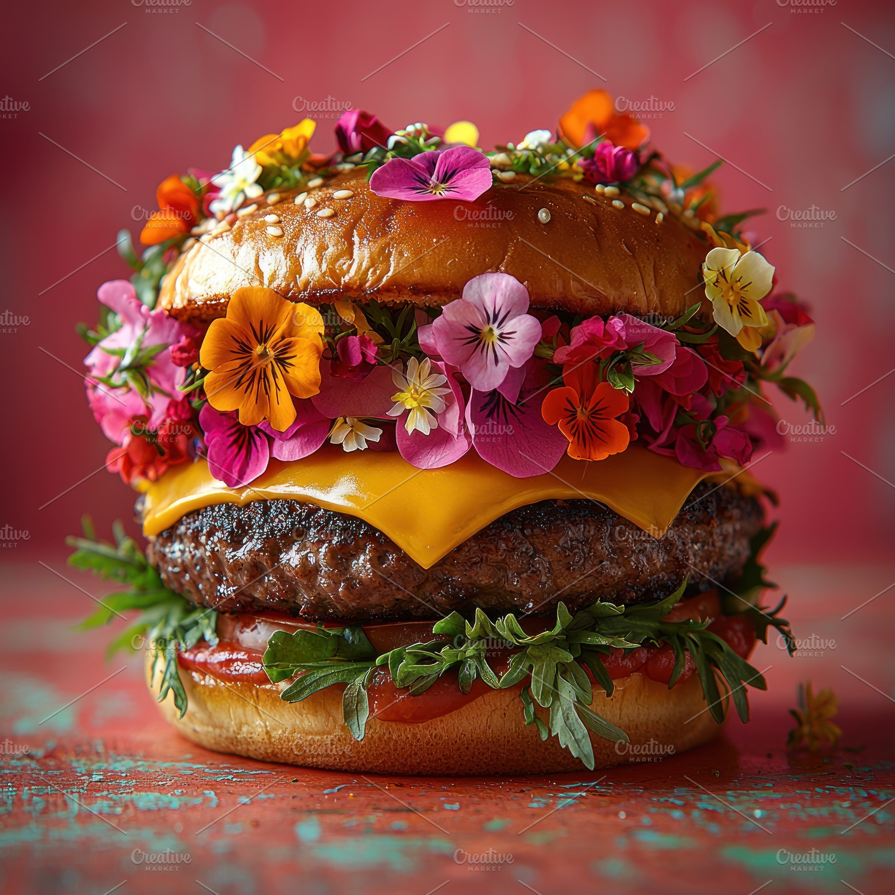 Gourmet cheeseburger topped with edible flowers, melted cheese,, a Food & Drink Photo by José Manuel Gelpi