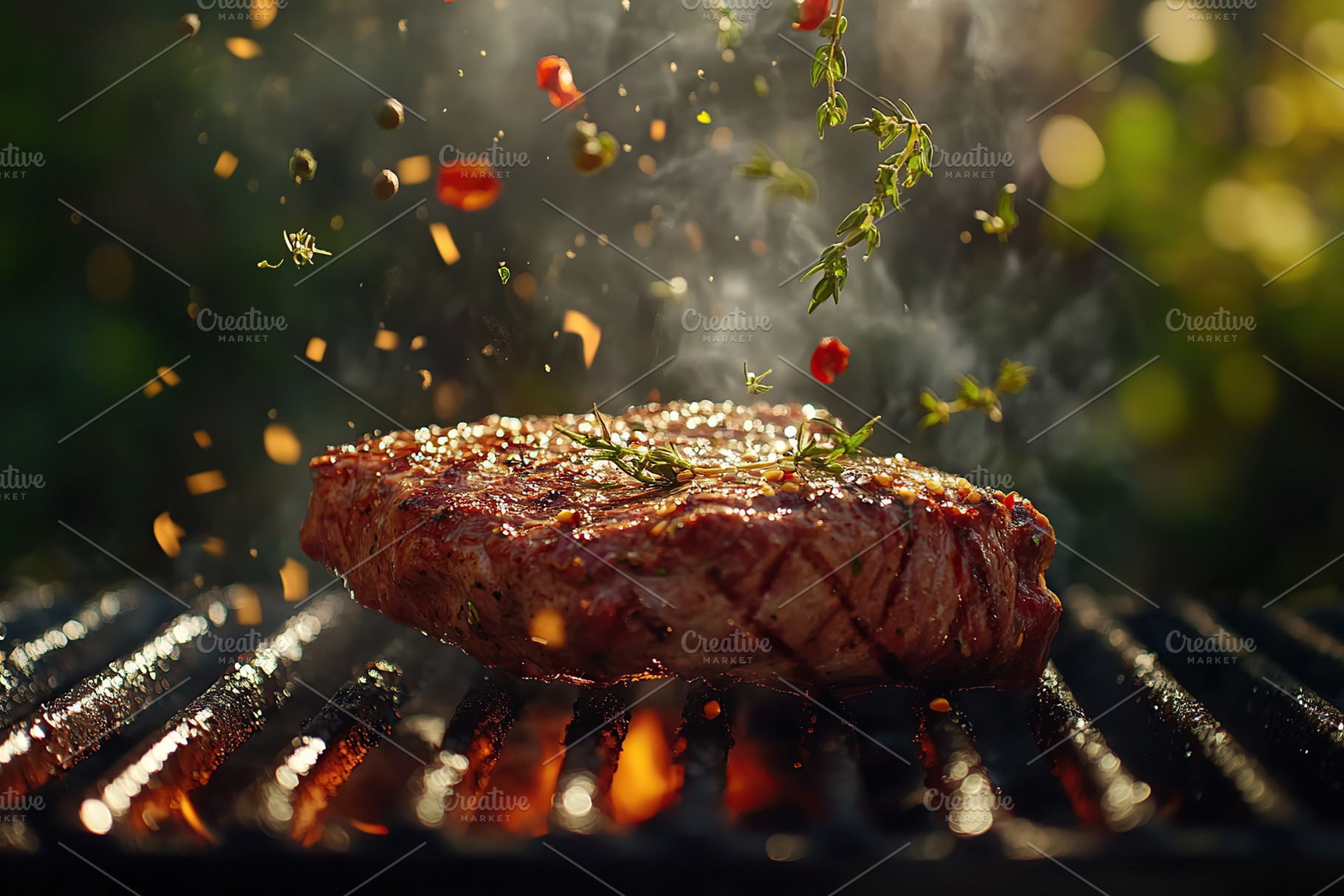 Grilling steak with herbs outdoors at sunset for a delicious barbecue experienc, a Food & Drink Photo by AlyaAnd
