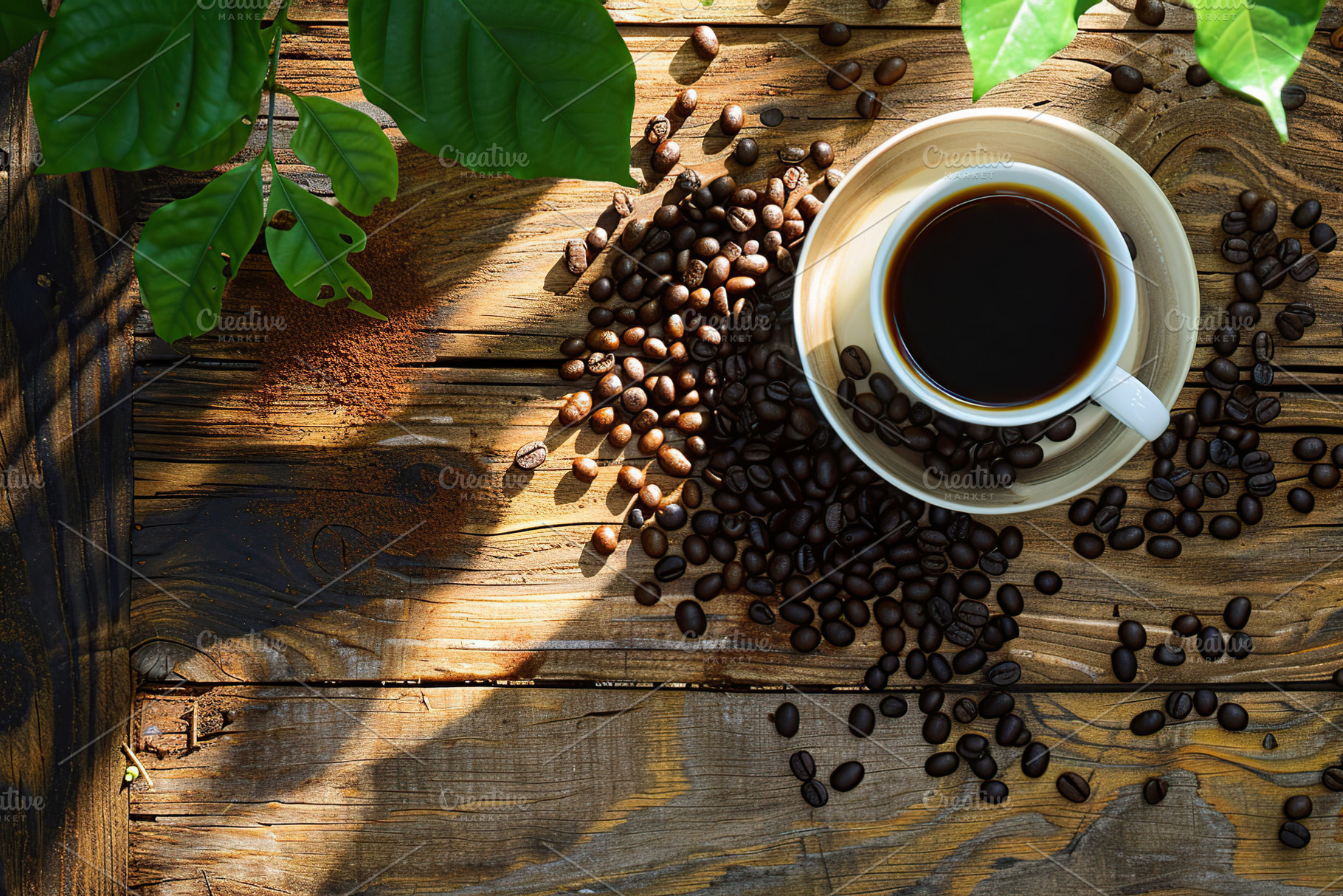 Flat lay of cup of coffee and coffee beans on wooden table, a Food & Drink Photo by AlyaAnd