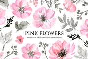 Watercolor Pink Flowers Grey Leaves, a Decorative Illustration by GraphicsDish (Thumbnail 1 of 3)