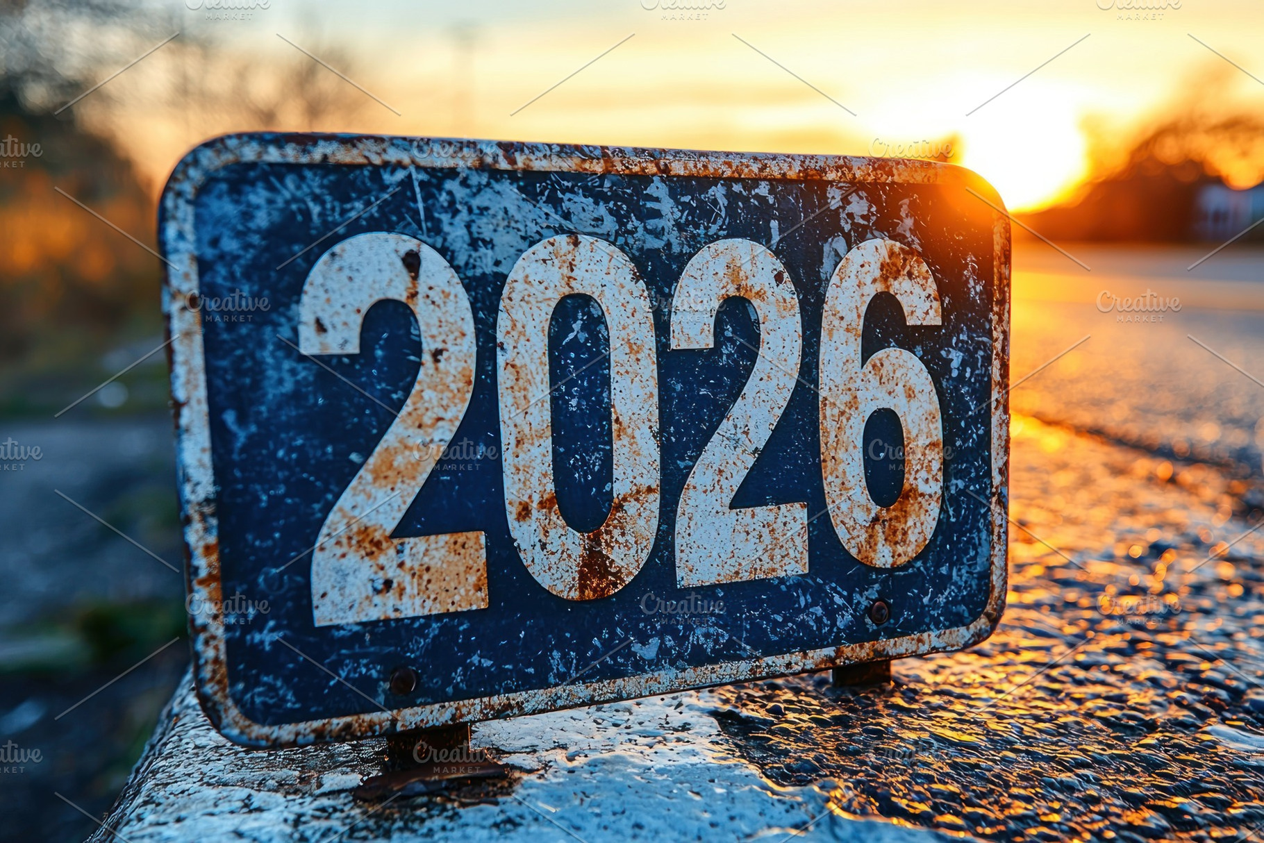 Rusty metal 2026 sign on textured road surface illuminated by go, an Abstract Photo by José Manuel Gelpi