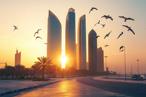 Sunrise over Abu Dhabi with seagulls, a Photo by Iftikhar Alam