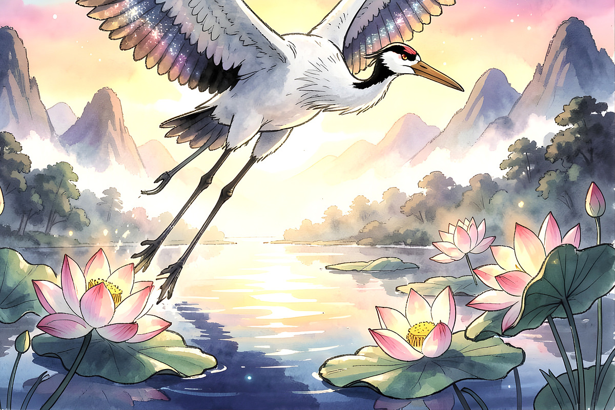 Crane and Lotus Illustration, an Animal Illustration by Sharon Schwalbe (Photo 3 of 4)