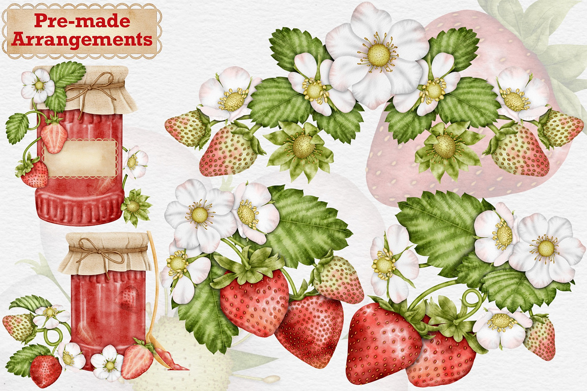 Strawberry Watercolor Tea Party., a Food Illustration by Happy Sloth Graphics (Photo 6 of 13)