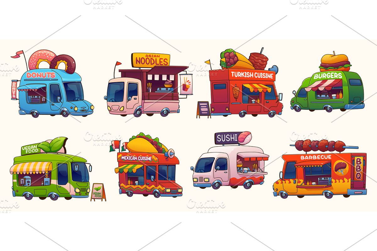 Cartoon food truck cars, a Food Illustration by Buch&Bee