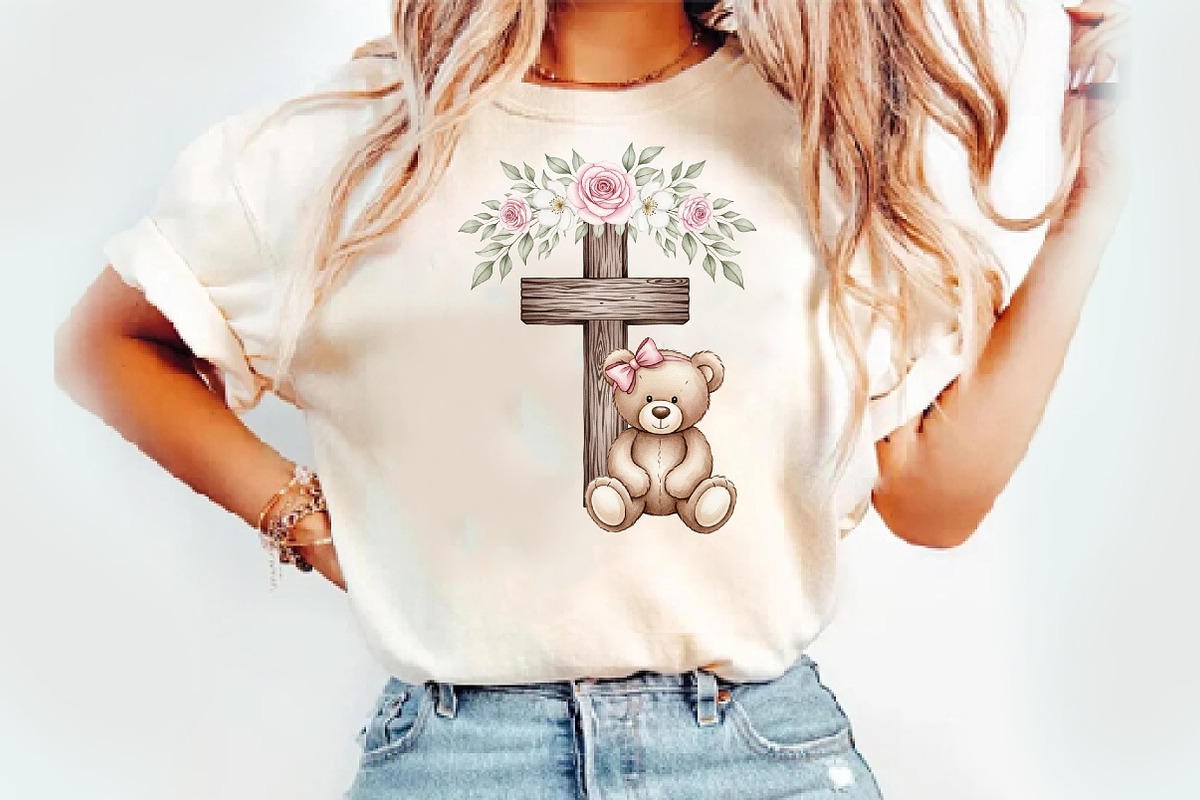Pink Floral Wooden Cross & Teddy png, an Illustration by Watercolor design (Photo 2 of 3)