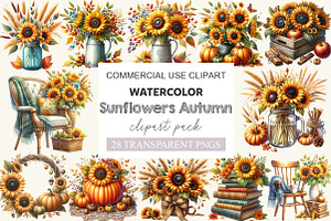 Vintage Sunflowers Autumn Clipart, a Work Illustration by cherrydesign