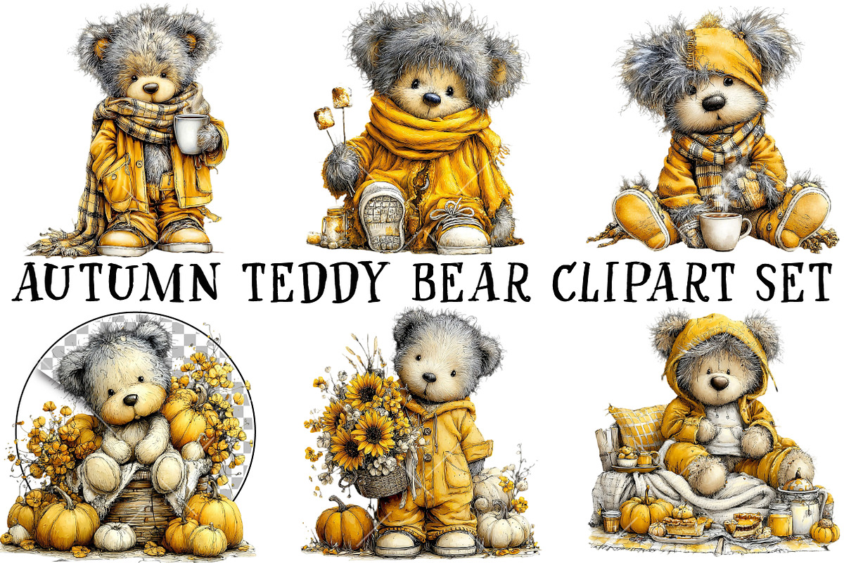 Autumn Teddy Bear Clipart Set, an Illustration by OK Design (Photo 2 of 6)