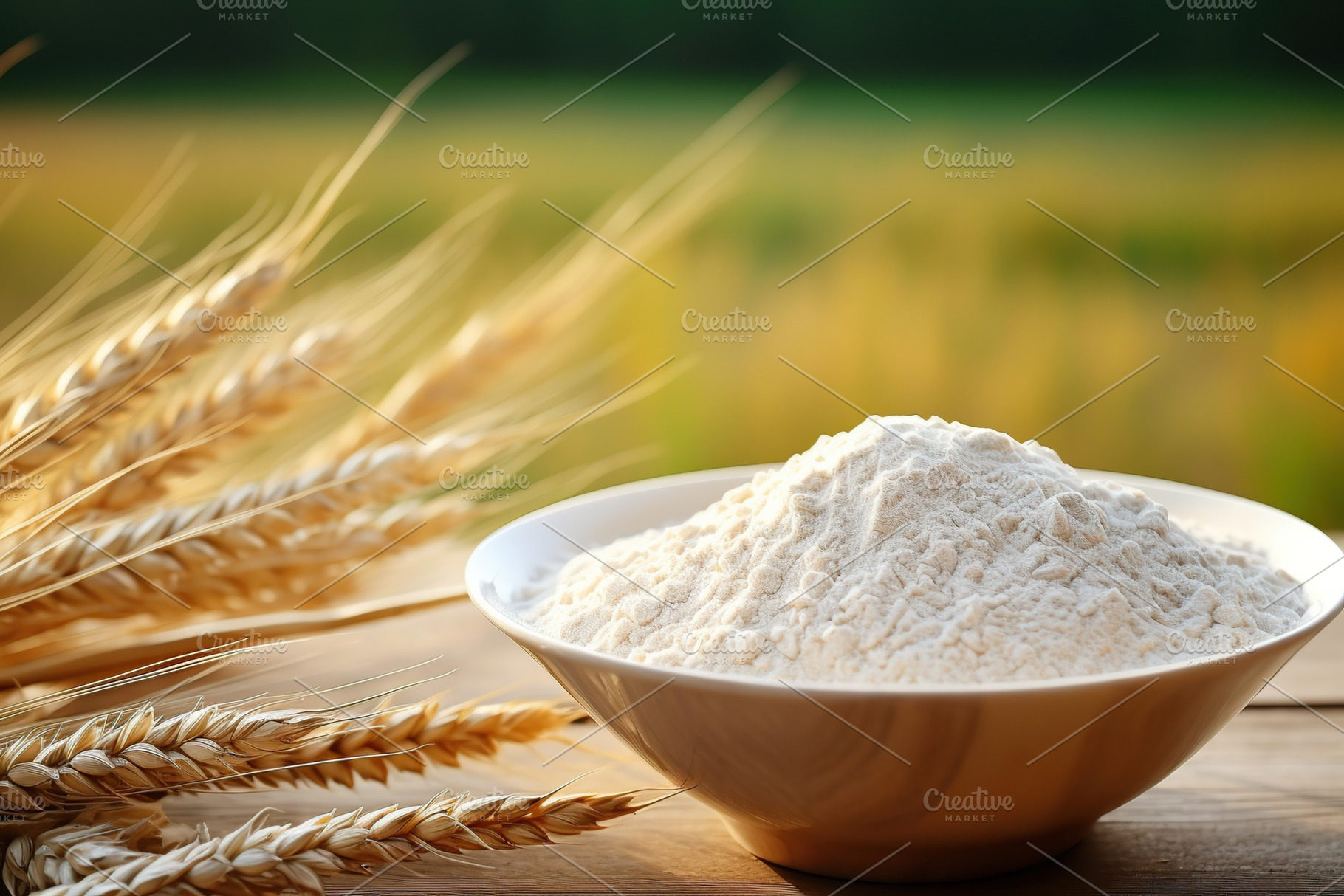 Flour in wooden bowl with wheat ears on field background, a Food & Drink Photo by AlyaAnd
