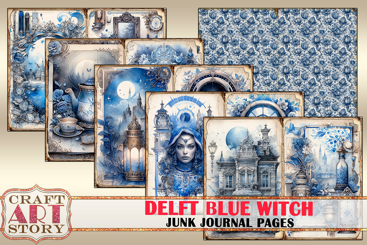 Delft Blue Witch Junk Journal Pages, a Person Illustration by CraftArtStory (Photo 2 of 5)