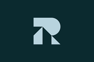 initial letter R and house logo.