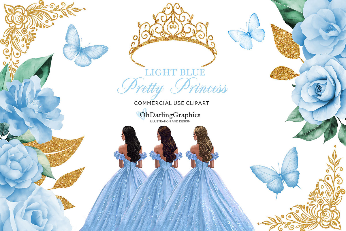 Light Blue Princess Dress Clipart, an Illustration by Oh Darling Graphics (Photo 1 of 3)
