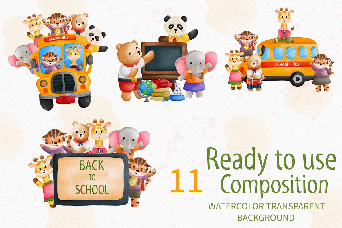 Watercolor Back to School and Animal, an Animal Illustration by Apixsala (Photo 3 of 12)