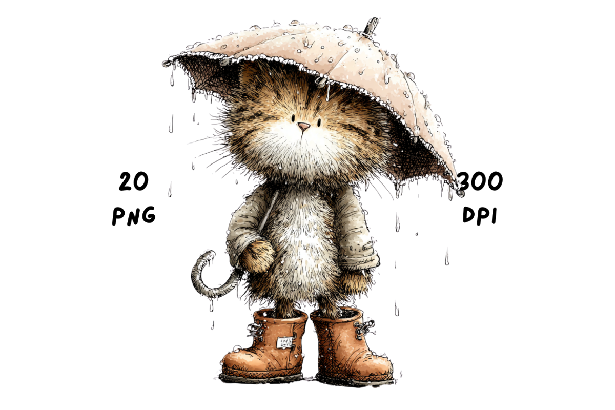 Whimsical Funny Rainy Cat Clipart, an Animal Illustration by GiraffeCreative (Photo 15 of 20)