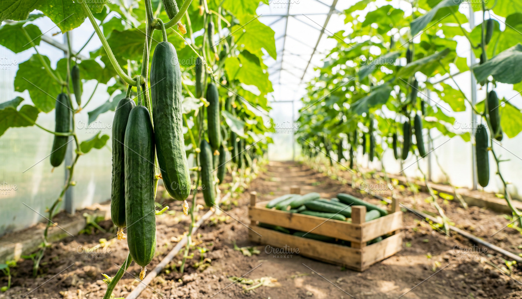 Ripe green cucumbers growing, a Food & Drink Photo by Volff
