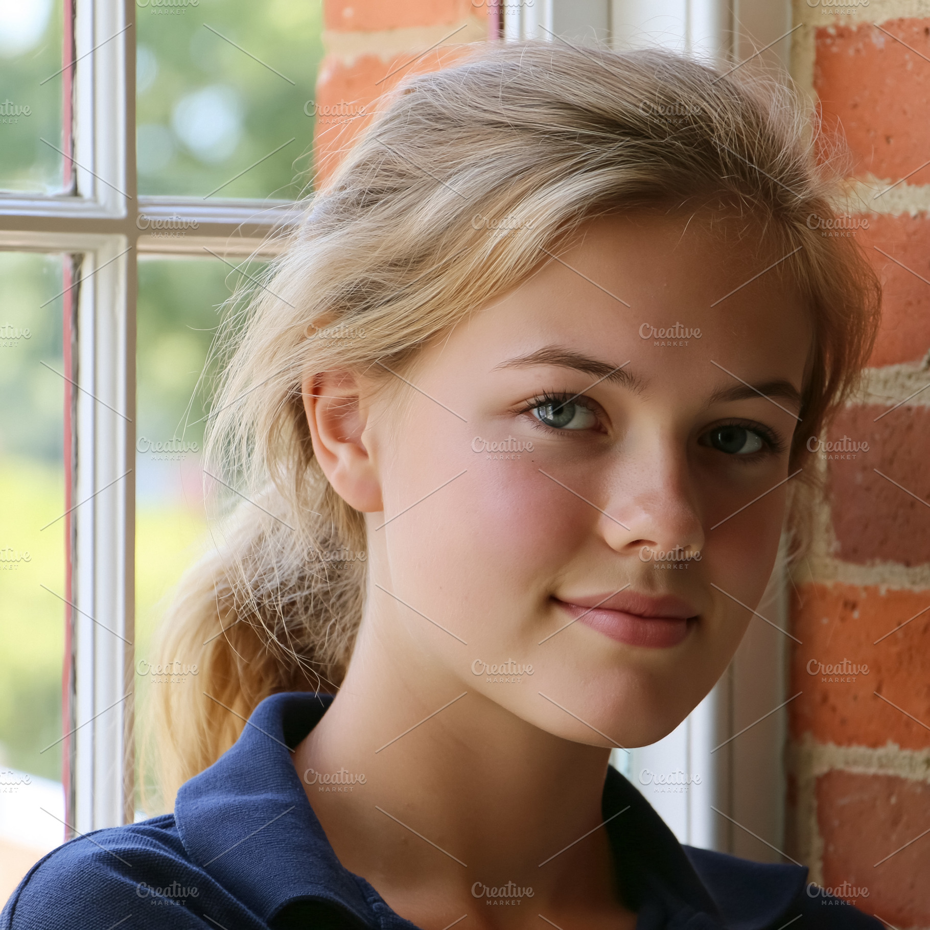 Young blonde girl with blue eyes gently smiling while standing b, a Person Photo by Studio ANNA