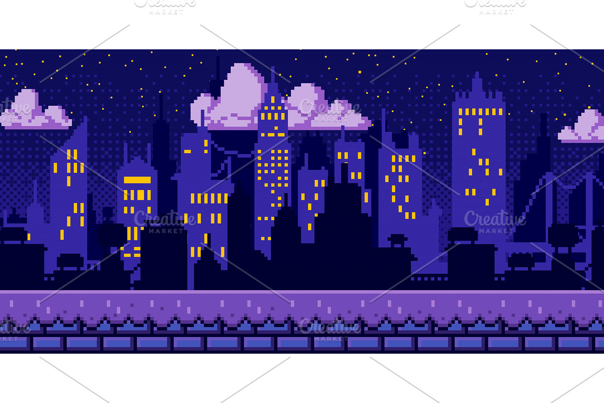 Pixel art city night background, an Object Illustration by art PVP - market
