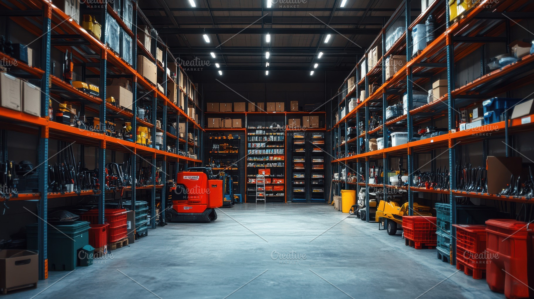 Aisle view in a vast warehouse, rows, a Background Photo by Pixeness