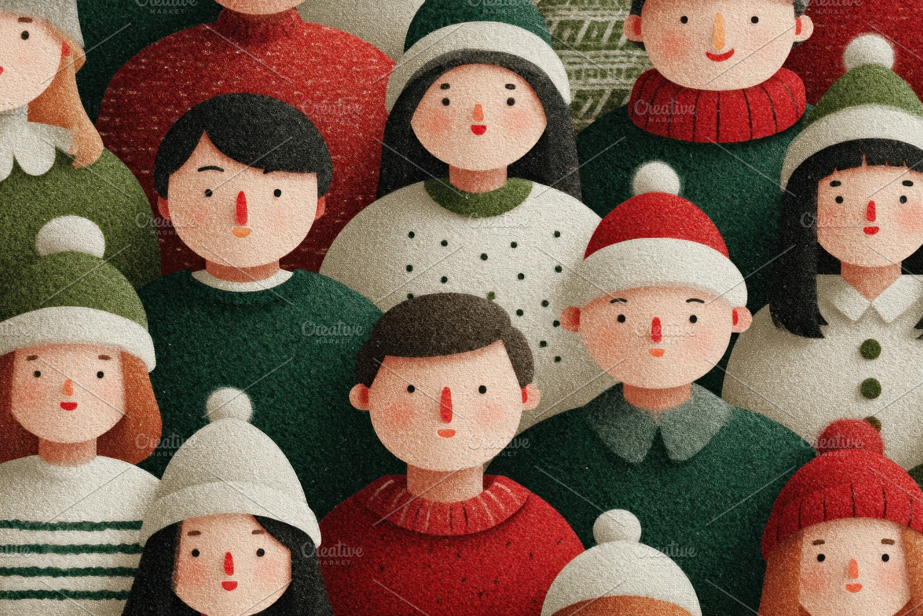 Group of illustrated people in cozy winter clothes celebrating C, a Holiday Photo by José Manuel Gelpi