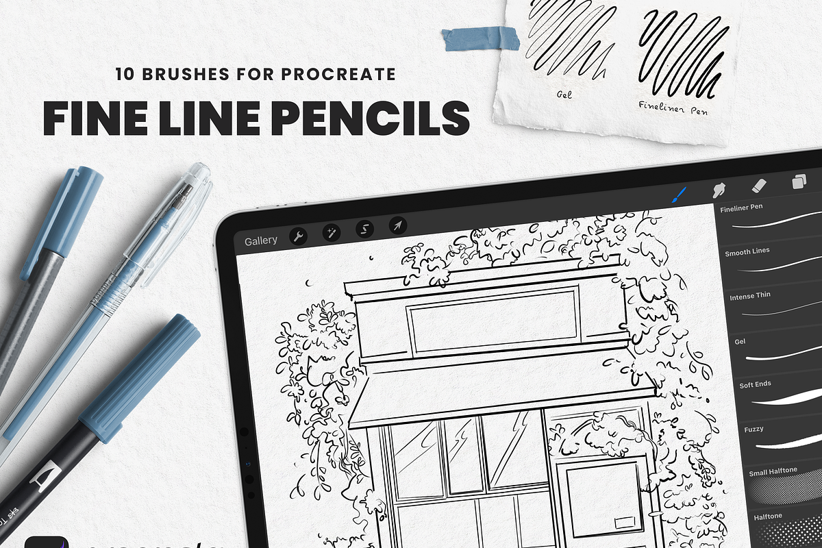 Fine Line Pencils for Procreate, a Brush Add-On by Marshmal Mochi (Photo 1 of 5)