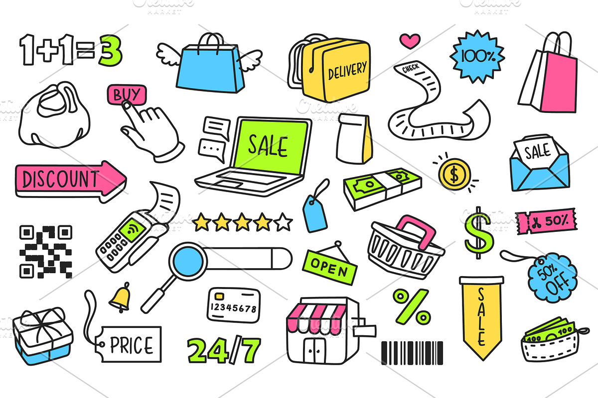 Shopping doodle icons. Ecommerce, an Object Illustration by winwin.art