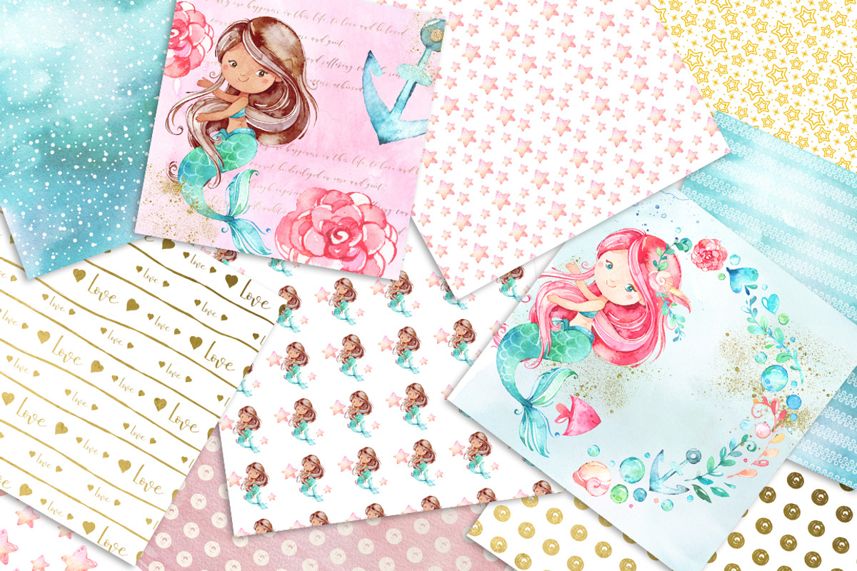MERMAID DIGITAL PAPER PACK, a Pattern Graphic by rusticmelody (Photo 2 of 2)