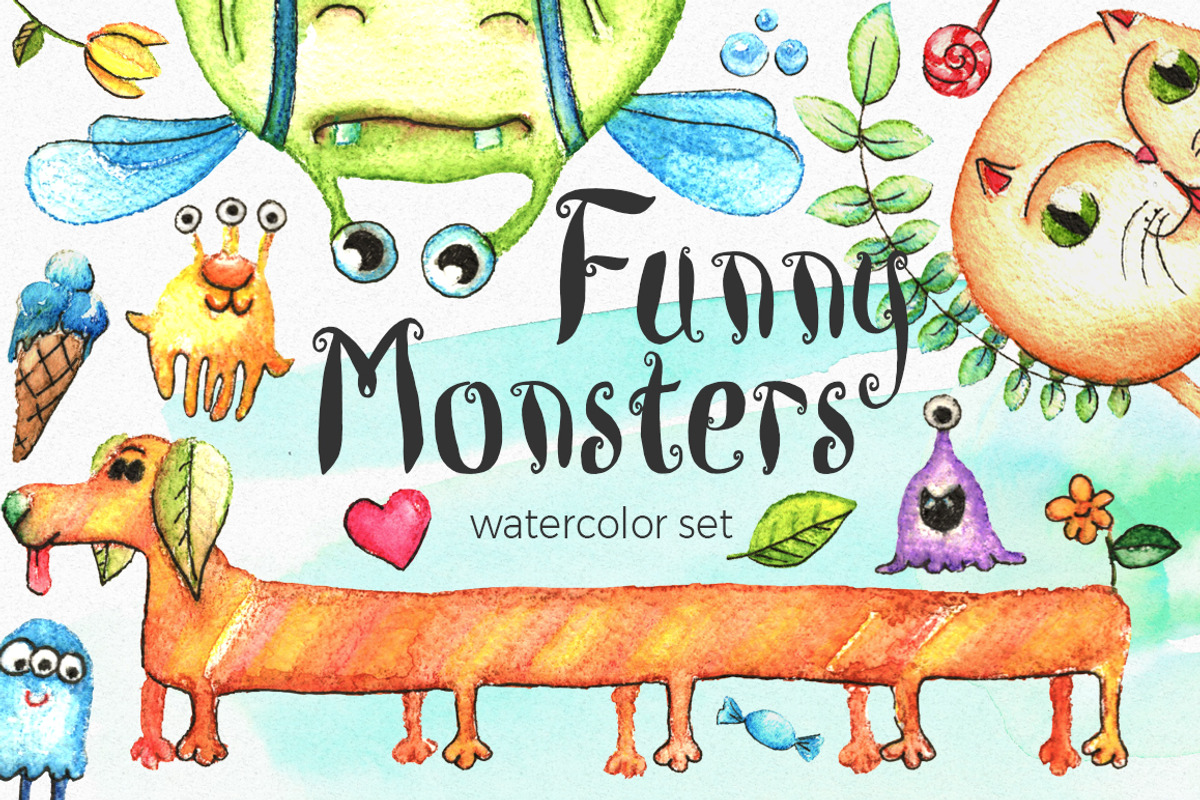 Watercolor Funny Monsters Set, an Illustration by WBS Design (Photo 1 of 6)