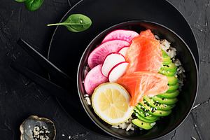 Fresh seafood meal poke gravlax stock photo containing authentic and avocado
