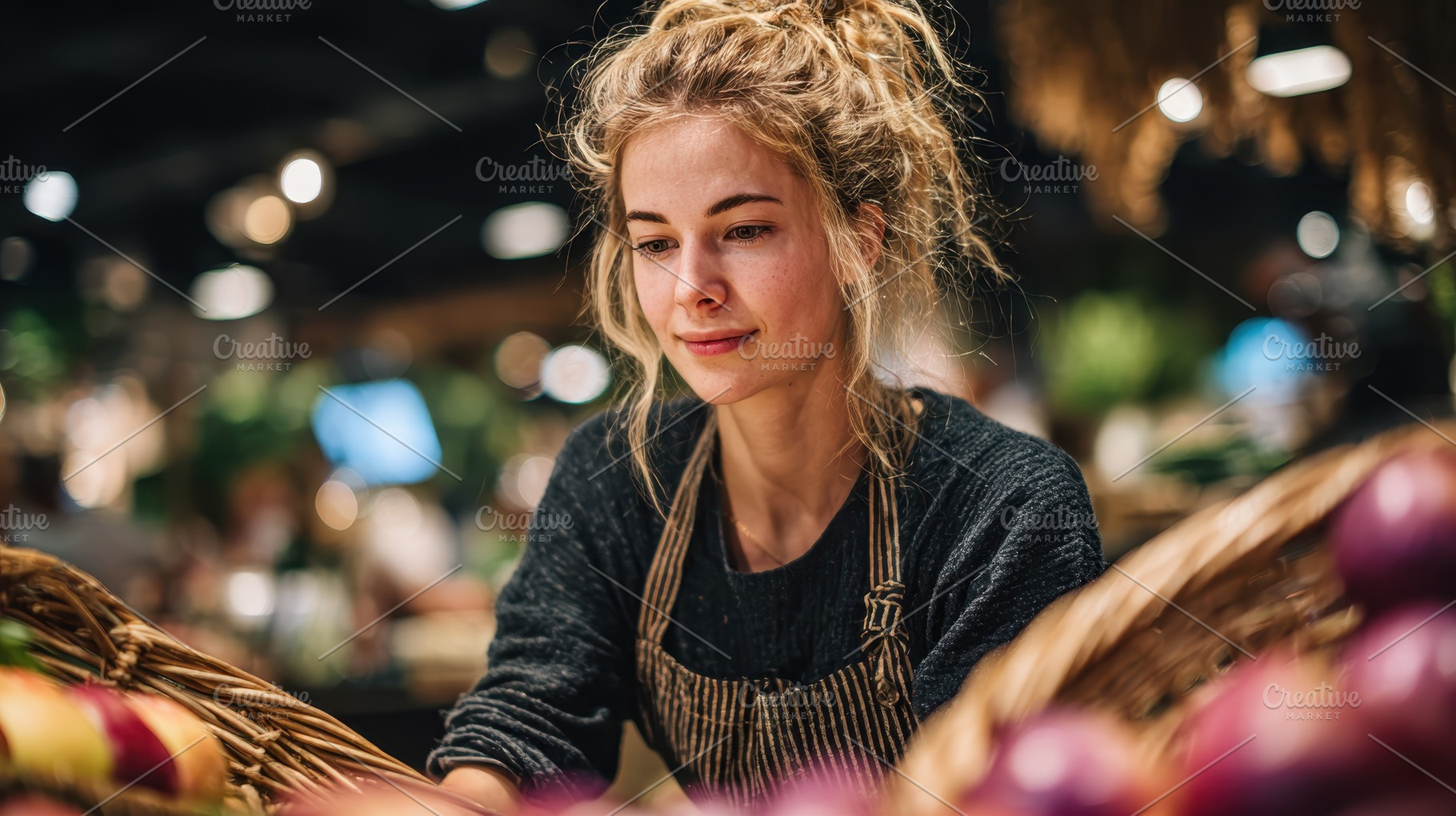 Young woman working at a grocery sto, a Photo by Pixeness Studio