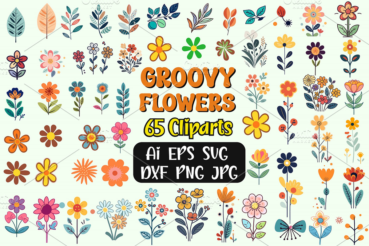 65 Groovy Flowers Vector Clipart, a Decorative Illustration by FancyDesignStudio (Photo 1 of 7)
