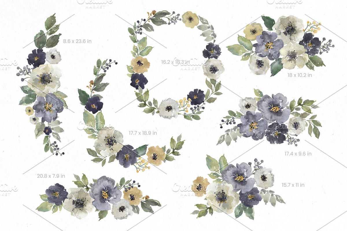 Watercolor Dusty Blue White Flowers, a Decorative Illustration by GraphicsDish (Photo 3 of 4)
