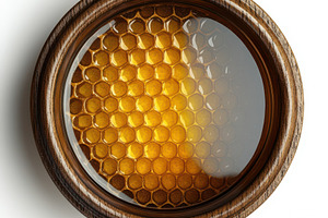 Top view of Honey jar with honeycomb, a Food & Drink Photo by Pixeness Studio