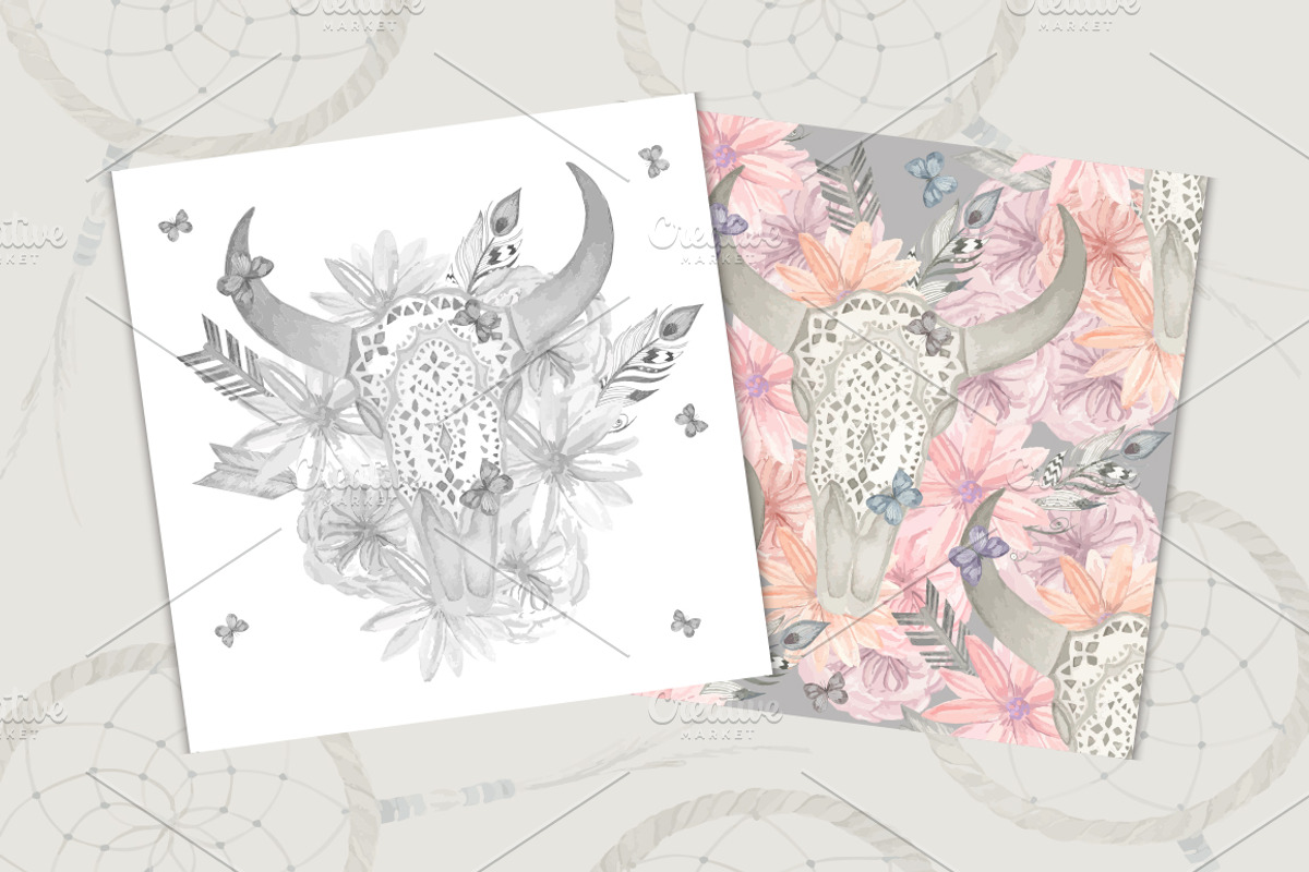 Watercolor skull bull, flowers, a Graphic by Natikka Art (Photo 2 of 5)