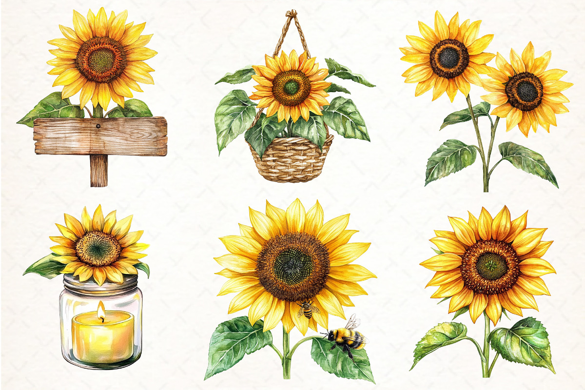 Watercolor Summer Sunflower Clipart, an Illustration by Pixels.Craft (Photo 2 of 7)
