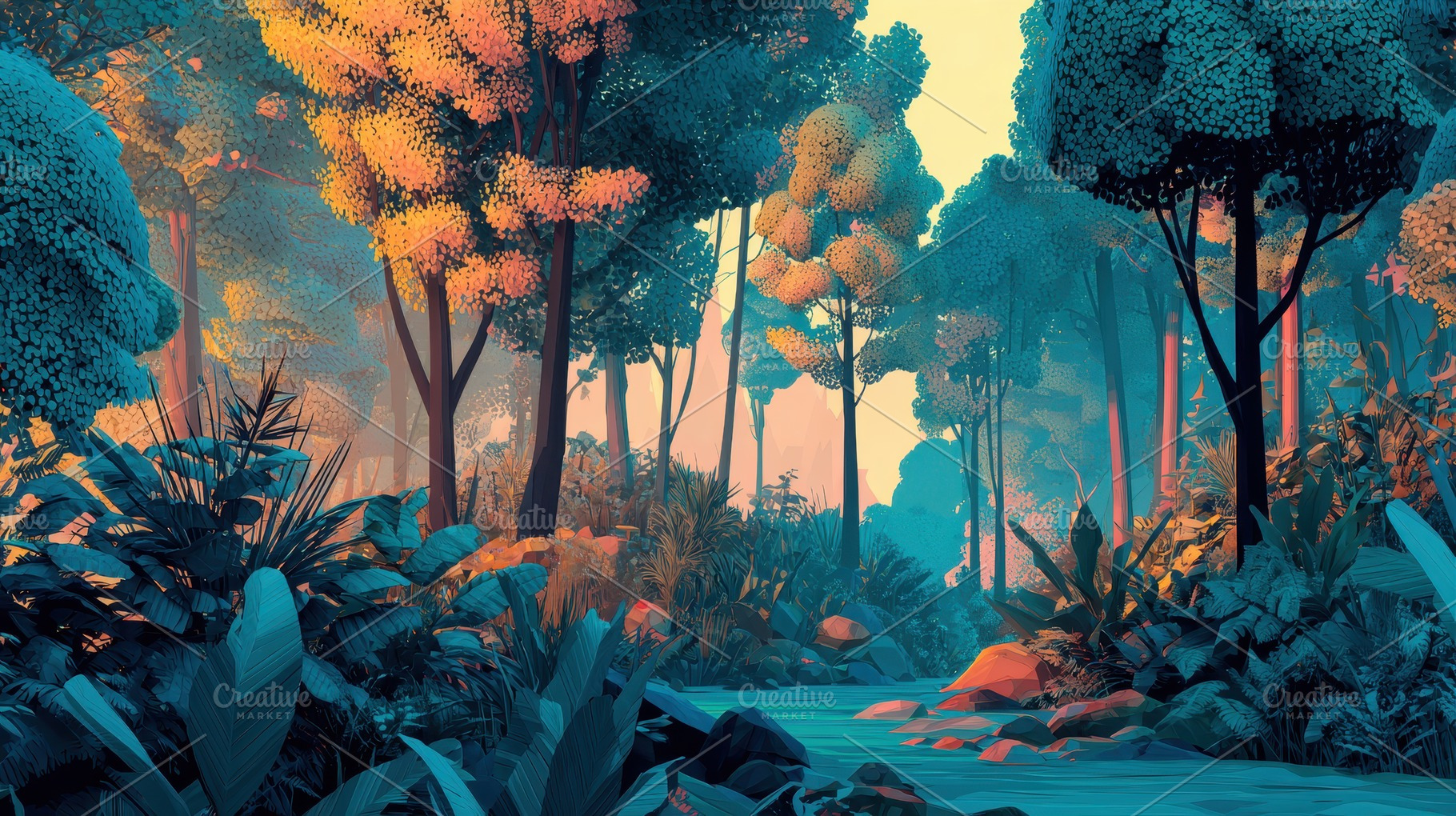 Sunrise over a forest with trees, a Photo by Pavel_design