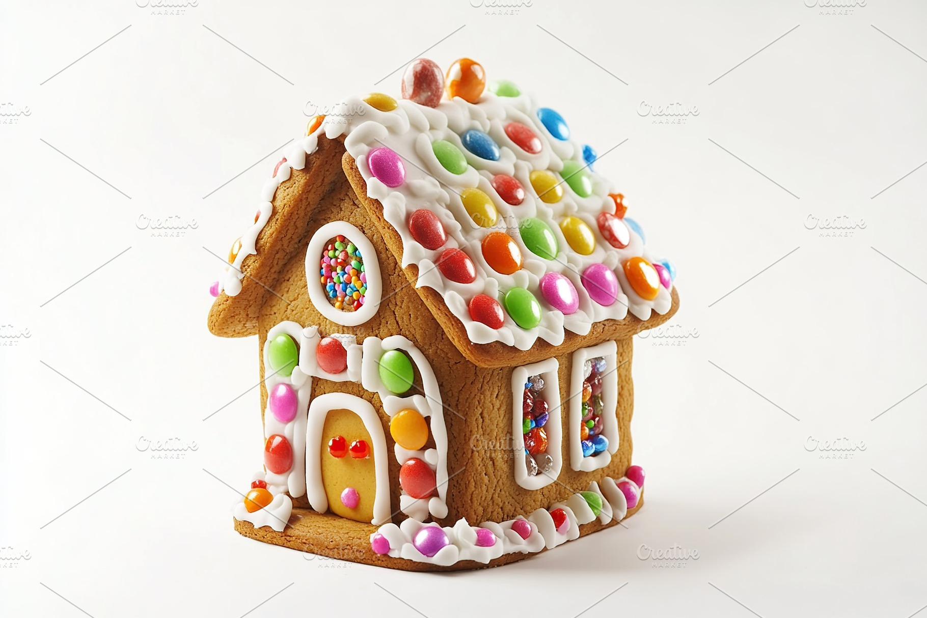 Christmas gingerbread house cookie on white background, a Food & Drink Photo by AlyaAnd