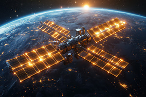 A stunning view of a space station orbiting Earth, illuminated by sunlight. The, a Technology Photo by Textures & Backgrounds