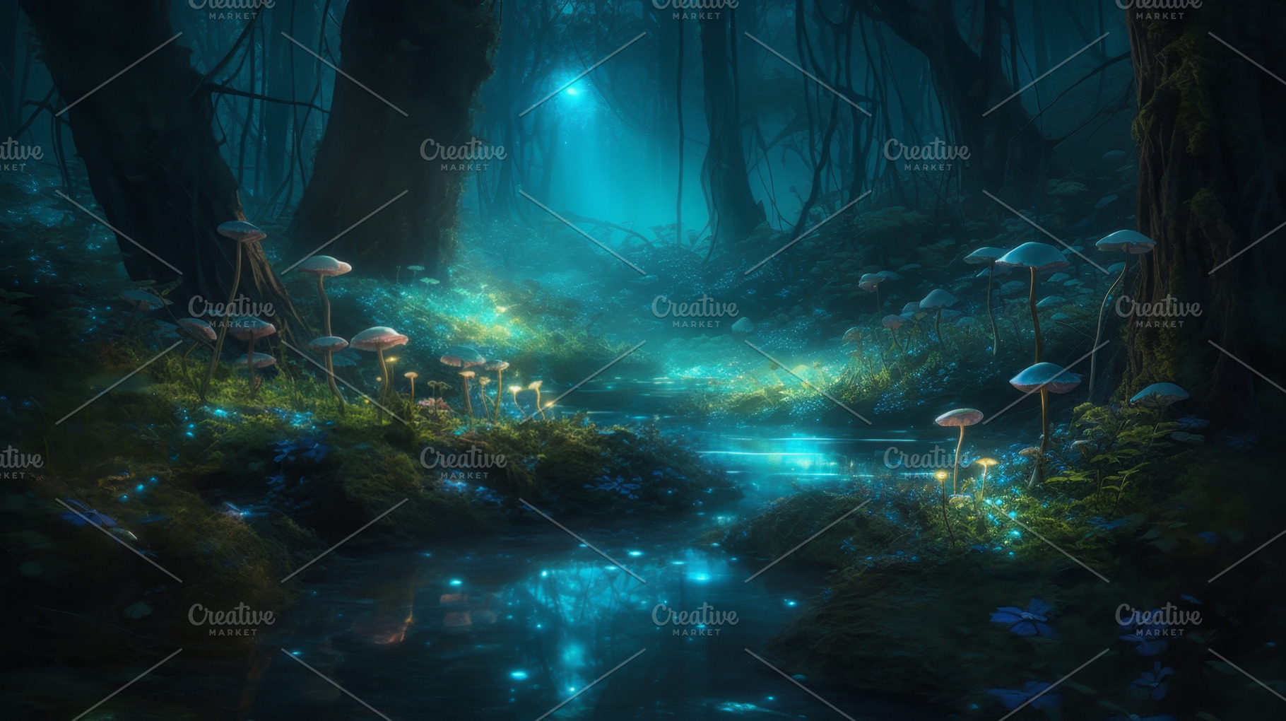 Enchanted Forest with Glowing Mushrooms and Mystical Light, an Abstract Photo by Natalia Klenova's Shop